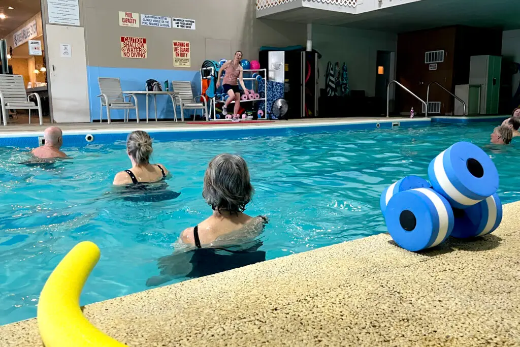 Hydro Aerobics group class is available to all fitness levels in the pool at 777 Fitness & Wellness Center